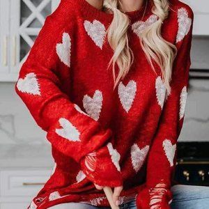 Heart Print Off Shoulder Sweater